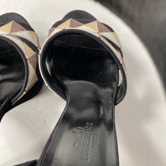 Hermes open toe suede colorblock pumps block heels black 35.5 - Picture 6 of 10